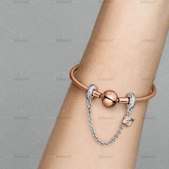 Pandora Family Heart Safety Chain Charm|Two-tone - Picture 2 of 2